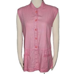 Debra DeRoo Pink Linen Sleeveless Button‎ Front Tunic Top Mandarin Collar M